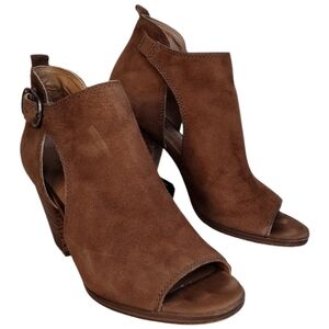 Lucky Brand Oona Brown Suede Leather Open Toe Stacked Heel Ankle Booties Sz 8M